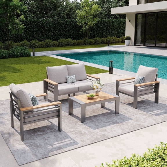 LazySunsets 4 Piece Aluminum Patio Furniture Set, 4-Seat Oversized Outdoor Sectional, Light Gray