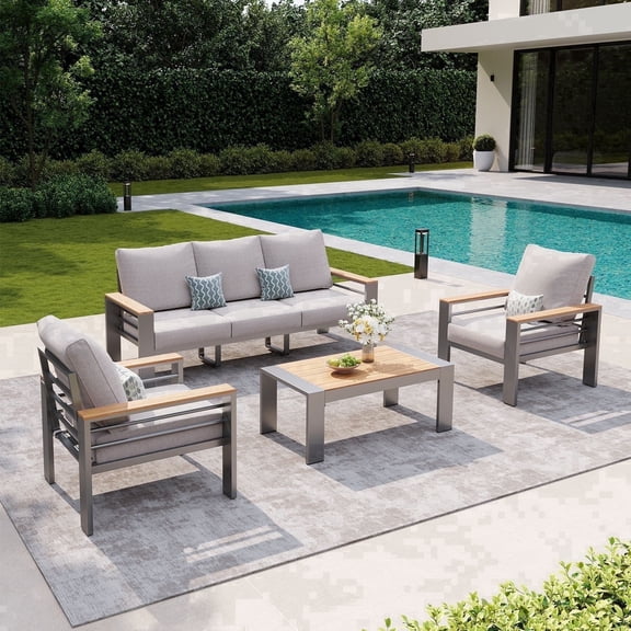 LazySunsets 4 Piece Aluminum Patio Furniture Set, 5-Seat Oversized Outdoor Sectional, Light Gray
