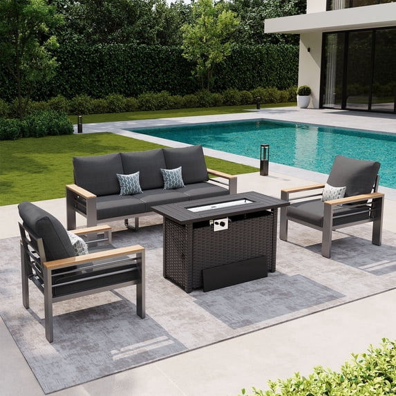LazySunsets 4 Piece Aluminum Patio Furniture Set, 5-Seat Oversized Outdoor Sectional with Fire Pit Table, Dark Gray