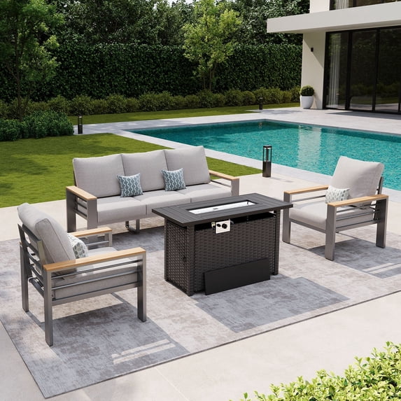 LazySunsets 4 Piece Aluminum Patio Furniture Set, 5-Seat Oversized Outdoor Sectional with Fire Pit Table, Light Gray