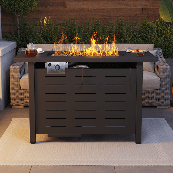 LazySunsets 42" Outdoor Propane Fire Pit Table, 50000 BTU Auto Start Steel Fire Table, 2-in-1 with Removable Tabletop & All-Weather Waterproof Cover for Garden Backyard Patio, Black