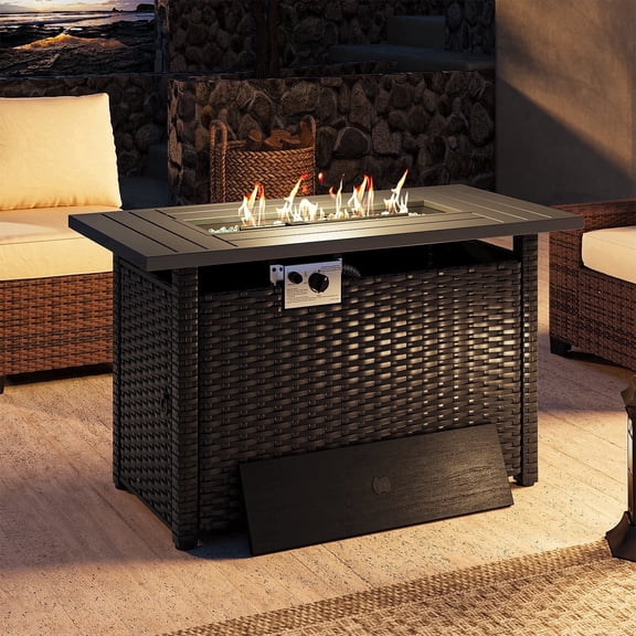 LazySunsets 44 Inch Black Wicker Propane Fire Pit Table, Rectangular 50,000 BTU Outdoor Gas Fire Table with Tank Storage Lid for Patio Backyard Deck