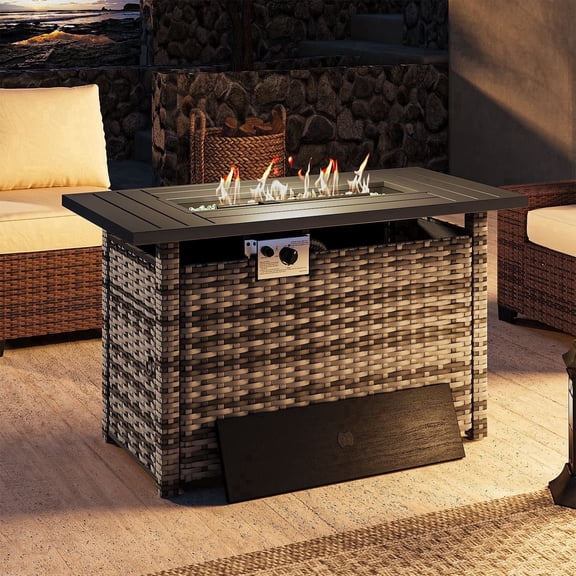 LazySunsets 44 Inch Gray Wicker Propane Fire Pit Table, Rectangular 50,000 BTU Outdoor Gas Fire Table with Tank Storage Lid for Patio Backyard Deck