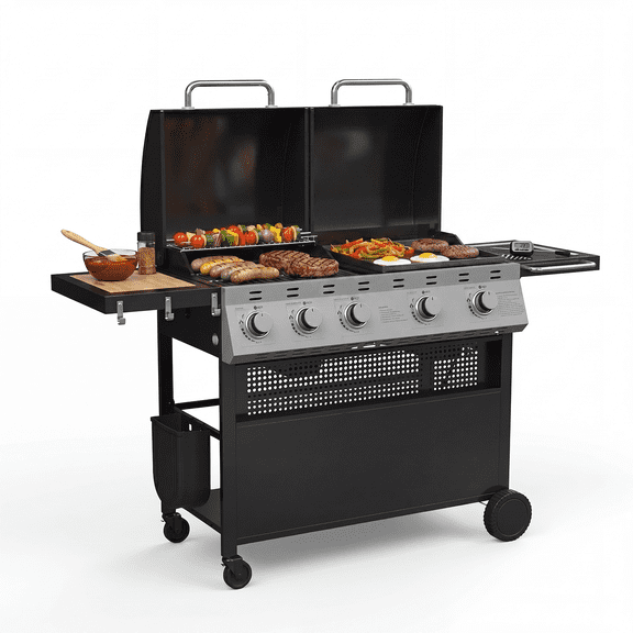 Dateyes 5 Burner Gas Propane Grill and Griddle Combo BBQ Grill, 54000 BTU 2-in-1 Outdoor BBQ with Stainless Steel Lids, 4 Casters, Side Table, and Thermometer