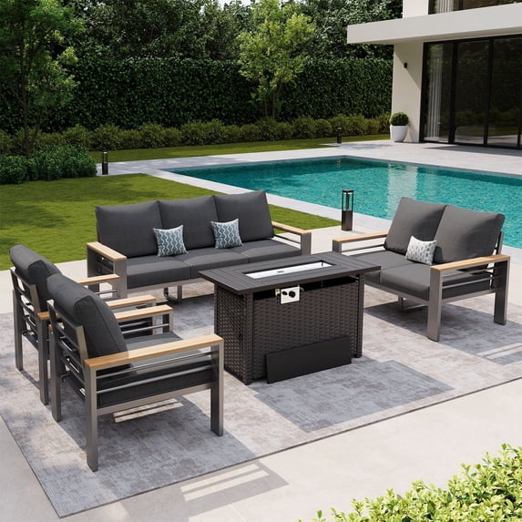 LazySunsets 5 Piece Aluminum Patio Furniture Set, 7-Seat Oversized Outdoor Sectional with Fire Pit Table, Dark Gray
