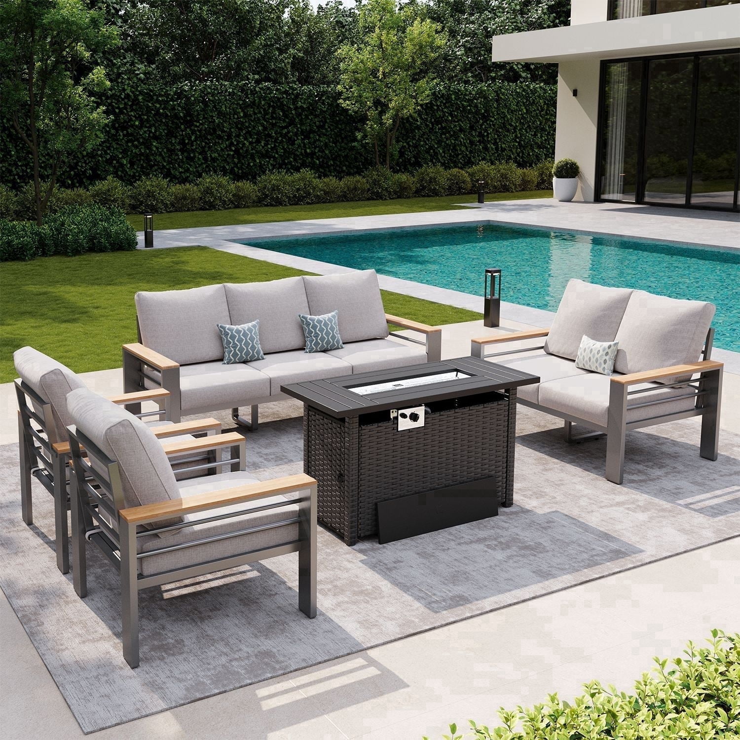 LazySunsets 5 Piece Aluminum Patio Furniture Set, 7-Seat Oversized Outdoor Sectional with Fire Pit Table, Light Gray