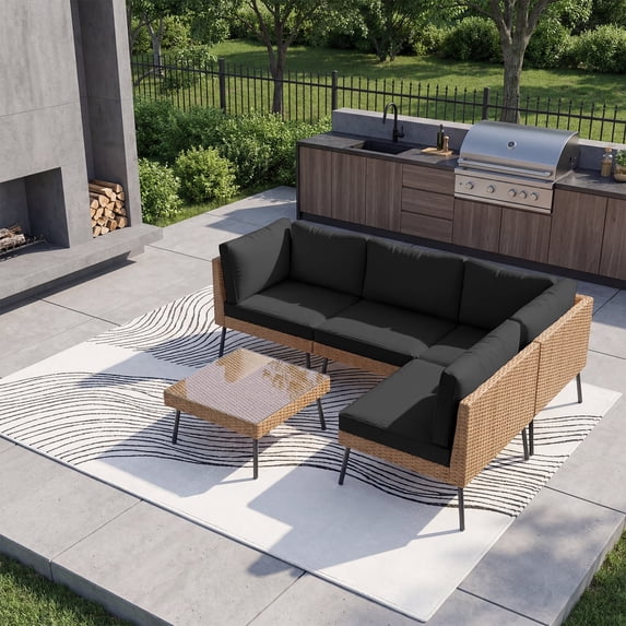 LazySunsets 5-Piece Black All Weather Wicker Patio Sectional Conversation Set, Thick Water Resistant Cushions & Tempered Glass Coffee Table for Backyard Poolside Porch Garden