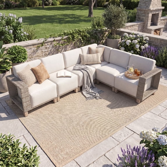 Dateyes 6-Piece L-Shaped Wicker Patio Set, Outdoor Sectional Sofa with Beige Cushions for Porch, Deck, or Backyard