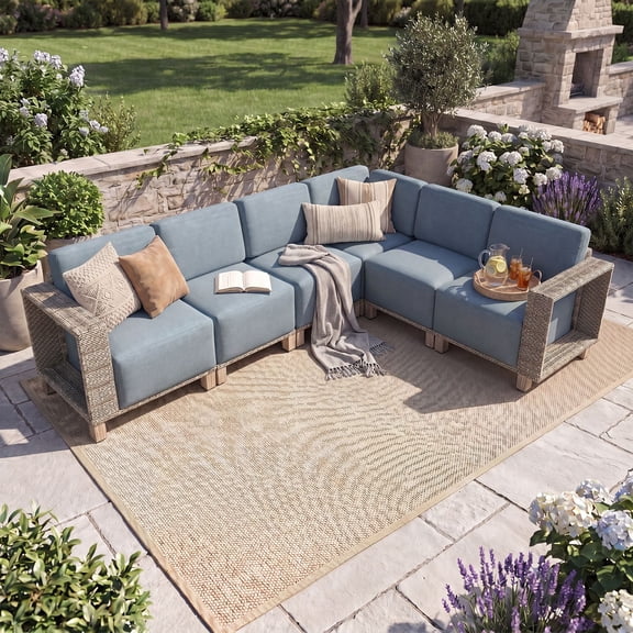 Dateyes 6-Piece L-Shaped Wicker Patio Set, Outdoor Sectional Sofa with Blue Cushions for Porch, Deck, or Backyard