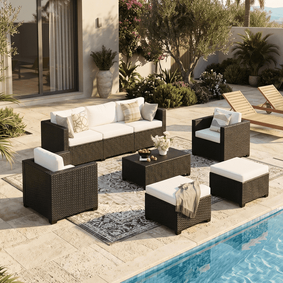 LazySunsets 6 Piece Outdoor Furniture Set, Rattan Wicker Outdoor Conversation Set Patio Furniture, Beige/Black