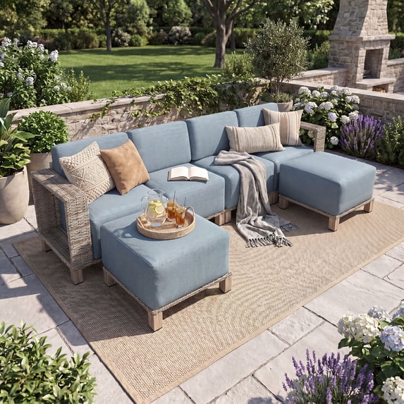 Dateyes 6-Piece Wicker Patio Furniture Set, Outdoor Sectional Conversation Sofa with 2 Ottomans, Blue