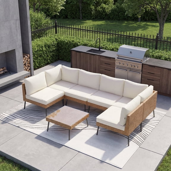 LazySunsets 7-Piece Beige All Weather Wicker Patio Sectional Conversation Set, Thick Water Resistant Cushions & Tempered Glass Coffee Table for Backyard Poolside Porch Garden