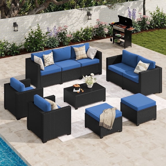 LazySunsets 7 Piece Outdoor Furniture Set, Rattan Wicker Outdoor Conversation Set Patio Furniture, Navy Blue/Black