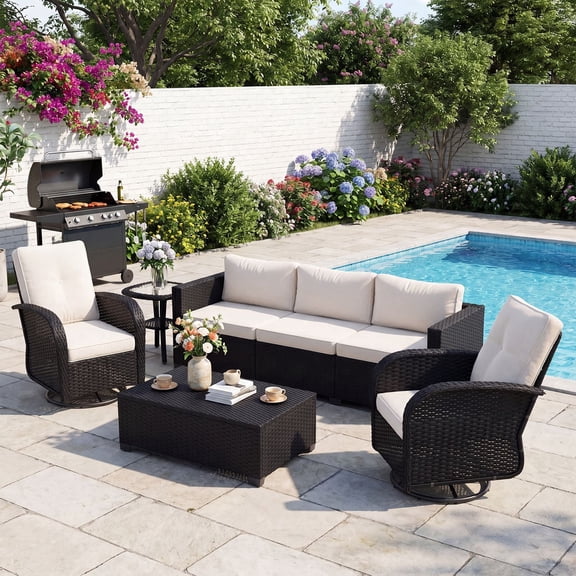LazySunsets 7 Piece Outdoor Furniture Set with Swivel Chairs Set of 2, Rattan Wicker Outdoor Conversation Set Patio Furniture, Beige/Black