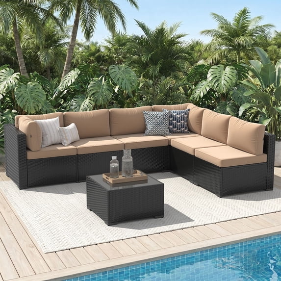 LazySunsets 7-Piece Outdoor Patio Furniture Set, Wicker Rattan Sectional Sofa Conversation Sets, Beige