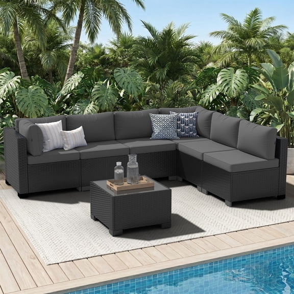 LazySunsets 7-Piece Outdoor Patio Furniture Set, Wicker Rattan Sectional Sofa Conversation Sets, Dark Gray