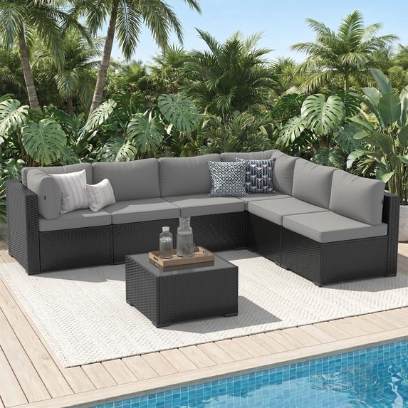 LazySunsets 7-Piece Outdoor Patio Furniture Set, Wicker Rattan Sectional Sofa Conversation Sets, Light Gray