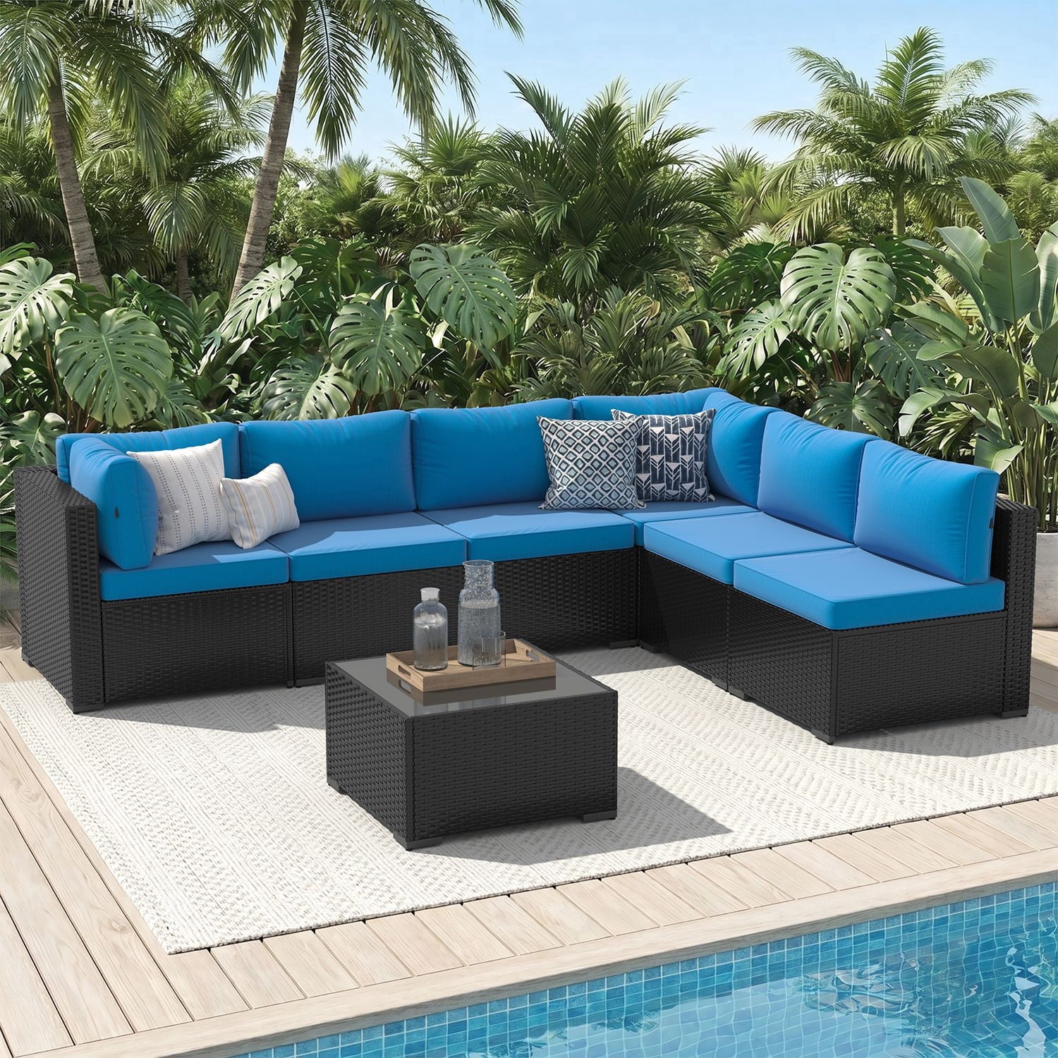 LazySunsets 7-Piece Outdoor Patio Furniture Set, Wicker Rattan Sectional Sofa Conversation Sets, Peacock Blue