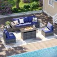 thumbnail image 1 of LazySunsets 7-Piece Outdoor Wicker Patio Conversation Set, Grey Rattan Sofa with Navy Blue Cushions, Propane Gas Fire Pit Table & Coffee Table for Backyard Deck, 1 of 7