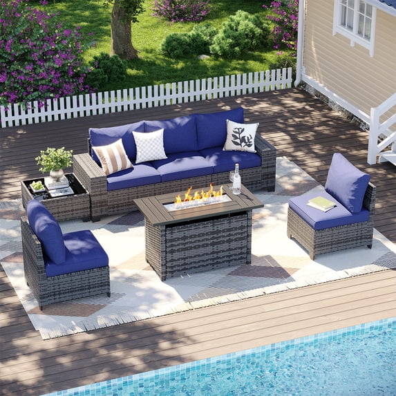 LazySunsets 7-Piece Outdoor Wicker Patio Conversation Set, Grey Rattan Sofa with Navy Blue Cushions, Propane Gas Fire Pit Table & Coffee Table for Backyard Deck
