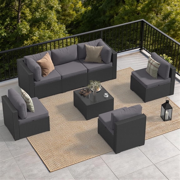 Dateyes 7-Piece Patio Furniture Set, All-Weather Wicker Rattan Outdoor Sectional Sofa Set with Coffee Table (Dark Gray)