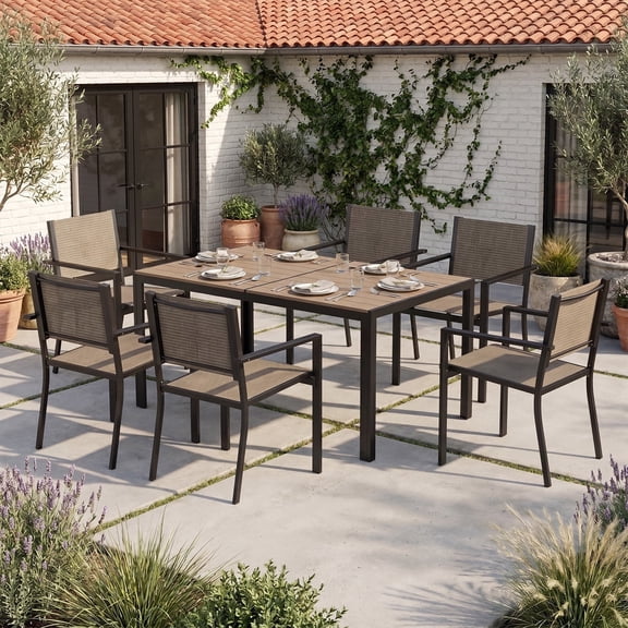 LazySunsets 7-Piece Patio Table and Textilene Chairs Set for 6, Patio Dining Sets With Metal Table, Warm Gray