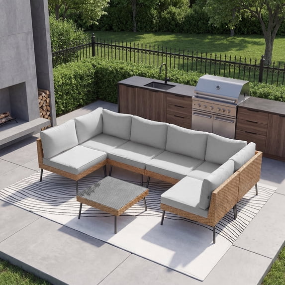 LazySunsets 7-Piece All Weather Light Gray Wicker Patio Sectional Conversation Set, Water Resistant Thick Cushions & Tempered Glass Coffee Table for Backyard Poolside Porch