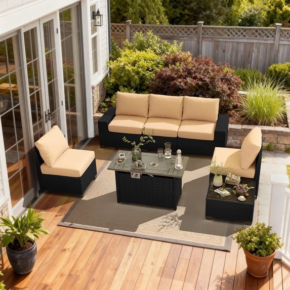 LazySunsets 7 Pieces Outdoor Wicker Patio Furniture Set, 8 Inch Widened Armrest Rattan Sectional Conversation Sofa with Beige Cushions & Fire Pit Table, All-Weather Backyard Garden Patio Set