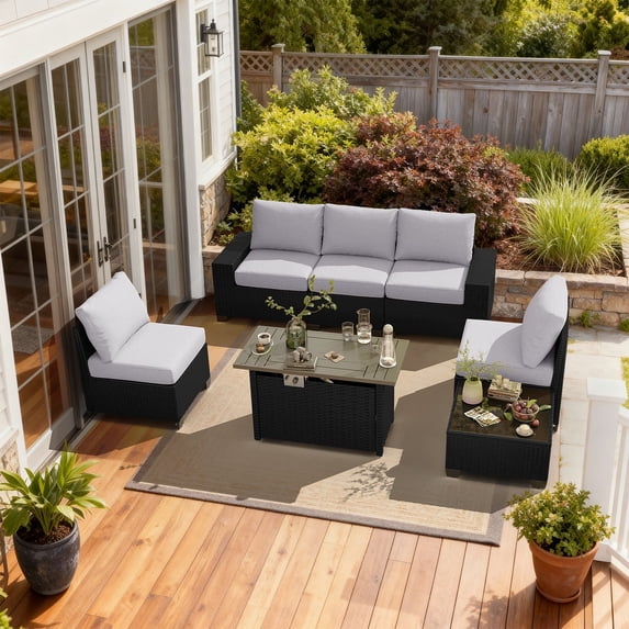 LazySunsets 7 Pieces Outdoor Wicker Patio Furniture Set, 8 Inch Widened Armrest Rattan Sectional Conversation Sofa with Gray Cushions & Fire Pit Table, All-Weather Backyard Garden Patio Set