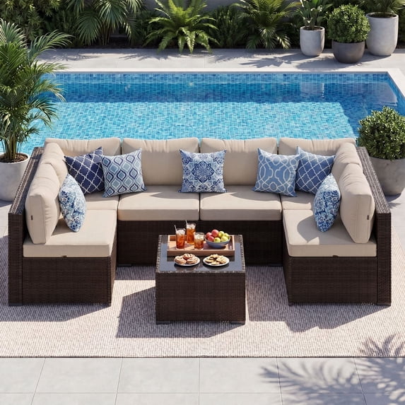 LazySunsets 7 Pieces Patio Conversation Set, Rattan Wicker Outdoor Sectionals with 6 Chairs and 1 Coffee Table, Off White/Brown