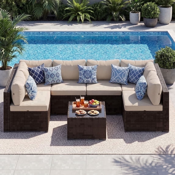 LazySunsets 7 Pieces Patio Conversation Set, Rattan Wicker Outdoor Sectionals with 6 Chairs and 1 Coffee Table, Off White/Brown
