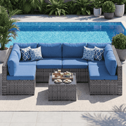 Dateyes 7 Pieces Patio Conversation Set, Rattan Wicker Outdoor Sectionals with 6 Sofas and 1 Coffee Table, Blue/Gray