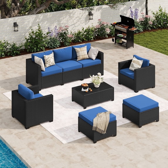 LazySunsets 8 Piece Outdoor Furniture Set, Rattan Wicker Outdoor Conversation Set Patio Furniture, Navy Blue/Black