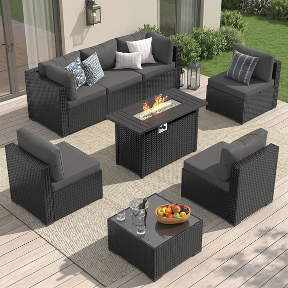LazySunsets 8-Piece Outdoor Patio Furniture Set with Fire Pit Table, Wicker Rattan Sectional Sofa Conversation Sets, Dark Gray