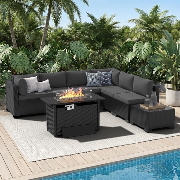 LazySunsets 8-Piece Outdoor Patio Furniture Set with Fire Pit Table, Wicker Rattan Sectional Sofa Conversation Sets, Dark Gray