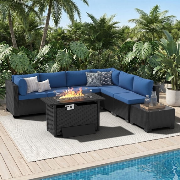 LazySunsets 8-Piece Outdoor Patio Furniture Set with Fire Pit Table, Wicker Rattan Sectional Sofa Conversation Sets, Navy Blue