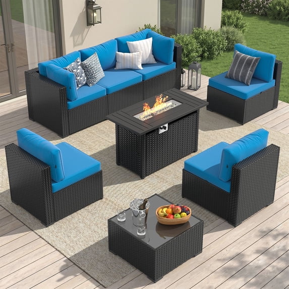 LazySunsets 8-Piece Outdoor Patio Furniture Set with Fire Pit Table, Wicker Rattan Sectional Sofa Conversation Sets, Peacock Blue