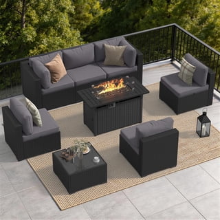 Dateyes 8-Piece Patio Furniture Set with Fire Pit, All-Weather Wicker Rattan Outdoor Sectional Sofa Set with Coffee Table (Dark Gray)
