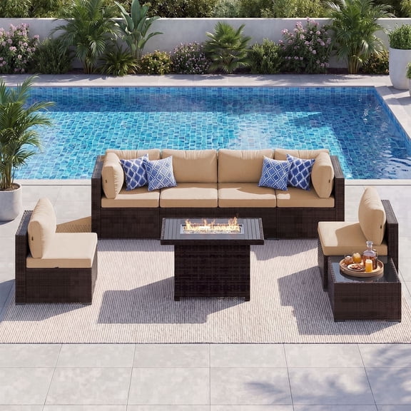 Dateyes 8 Pieces Patio Conversation Set, Rattan Wicker Outdoor Sectionals with Fire Pit Table, Beige/Brown