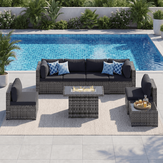 LazySunsets 8 Pieces Patio Conversation Set, Rattan Wicker Outdoor Sectionals with Fire Pit Table, Black/Gray