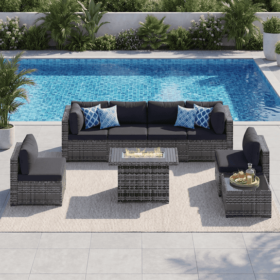 LazySunsets 8 Pieces Patio Conversation Set, Rattan Wicker Outdoor Sectionals with Fire Pit Table, Black/Gray