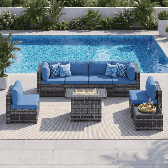 Dateyes 8 Pieces Patio Conversation Set, Rattan Wicker Outdoor Sectionals with Fire Pit Table, Blue/Gray