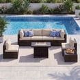 thumbnail image 1 of LazySunsets 8 Pieces Patio Conversation Set, Rattan Wicker Outdoor Sectionals with Fire Pit Table, Off White/Brown, 1 of 9