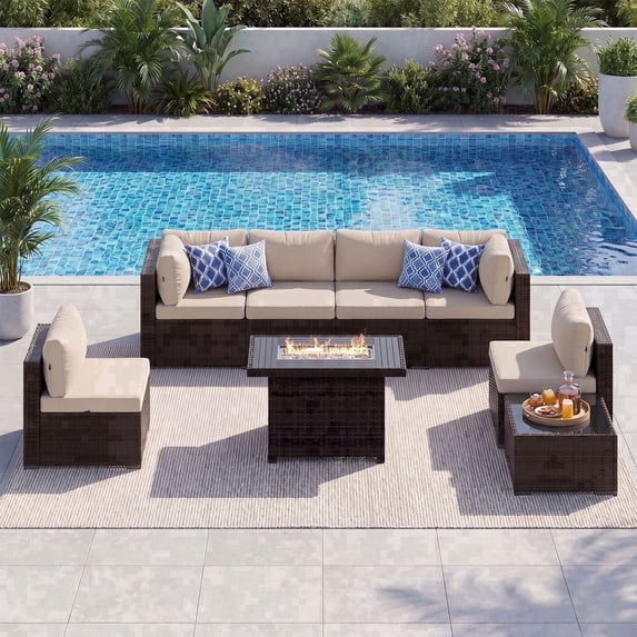 LazySunsets 8 Pieces Patio Conversation Set, Rattan Wicker Outdoor Sectionals with Fire Pit Table, Off White/Brown