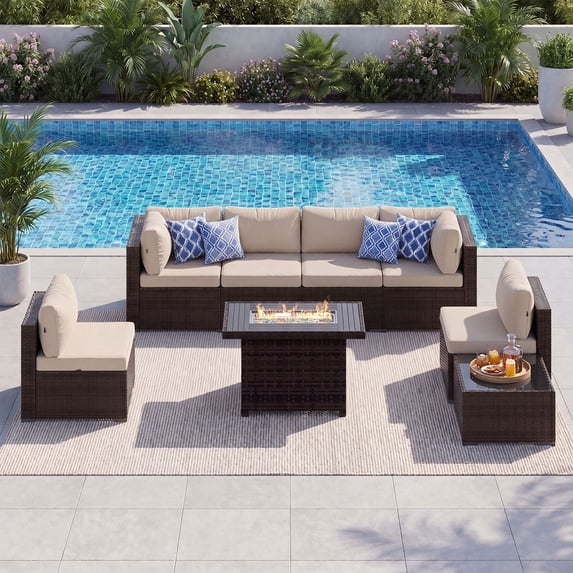 LazySunsets 8 Pieces Patio Conversation Set, Rattan Wicker Outdoor Sectionals with Fire Pit Table, Off White/Brown