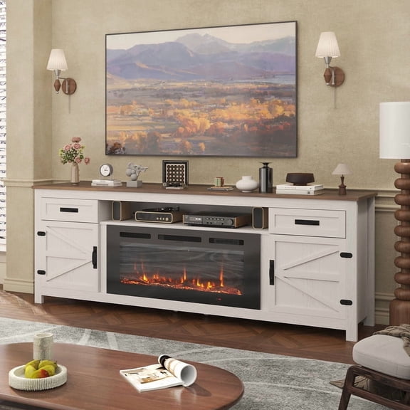 LazySunsets 80" Farmhouse Fireplace TV Stand for TVs Up to 90 Inches, Media Console with 36" Color Changing Electric Fireplace Insert, Barn Doors, Storage Drawers & Adjustable Shelves, White