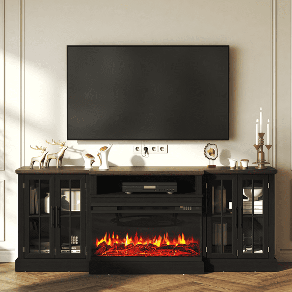 LazySunsets 87 Inch Farmhouse TV Stand with Fireplace for TVs up to 90 Inch Media Entertainment Center with Adjustable Shelves and Large Storage Cabinets for Living Room,Black