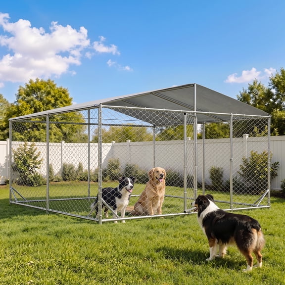 LazySunsets 9.8 ft x 9.8 ft Heavy Duty Outdoor Dog Kennel, Large Metal Chain Link Dog Cage with Waterproof Roof, Walk-in Pet Dog Run House for Backyard Garden