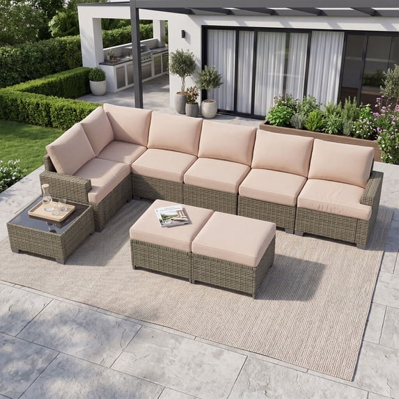 Clouddwell 9 Piece Outdoor Sectional Set with Swivel Rocker Chairs of 2, Wicker Rattan Patio Conversation Sets, Beige