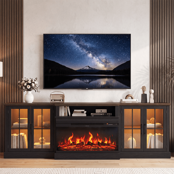 LazySunsets 98" Farmhouse TV Stand with Fireplace for TVs up to 100", Media Entertainment Center with Adjustable Shelves and Large Storage Cabinets, for Living Room, Black